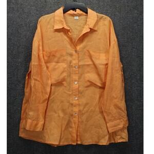 Magaschoni Oversized Linen Roll Tab Button Down Blouse Apricot Womens Medium